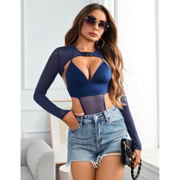 Women Navy Blue Festival Lingerie Bodysuit Buckle Shrug Crop Top Set Outfits - Picture 5 of 7